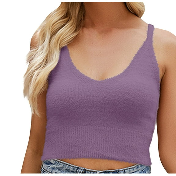 Wycnly Tank Tops for Women Cozy Fluffy Slim Fit Vest Going out Cropped Tops Summer Solid V-Neck Sleeveless Shirts Fashion Blouses Purple m