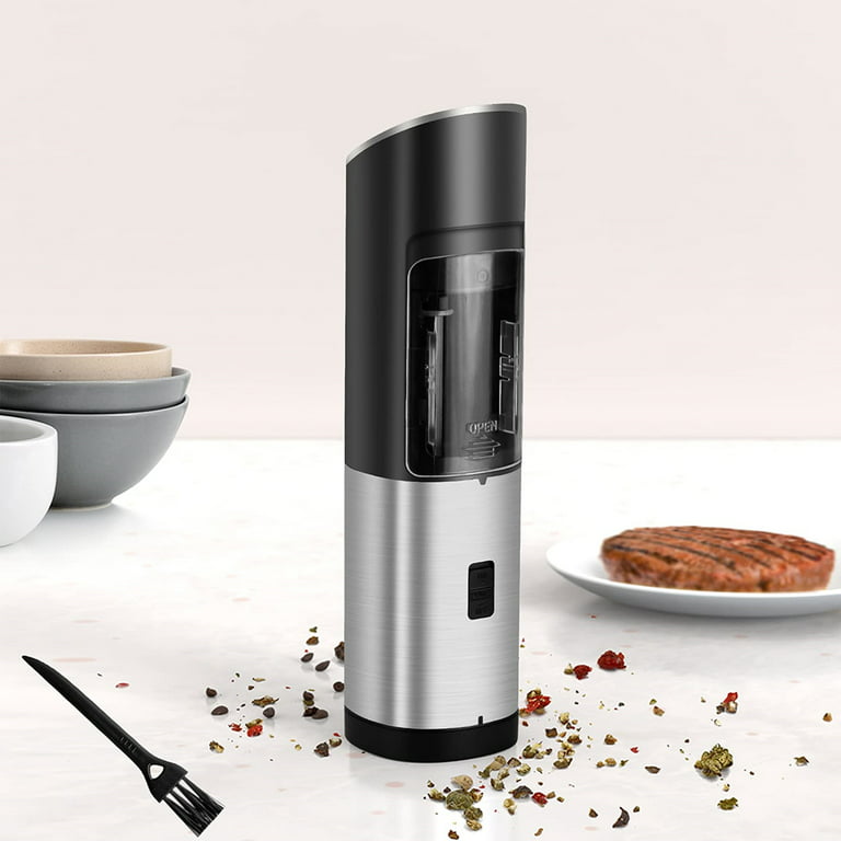 1set/2pcs Battery Powered Electric Pepper Grinder Black With Gravity Sensor  And Acrylic Storage Chamber