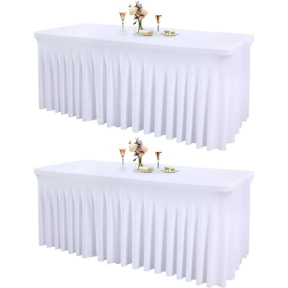 2 Packs White Spandex Table Clothes for 6 Foot Rectangle Tables, Wrinkle Free 6ft Fitted Table Cover Stretch Tablecloths Desk Skirt for Weddings Baby Shower Birthday Party Banquet Decorations