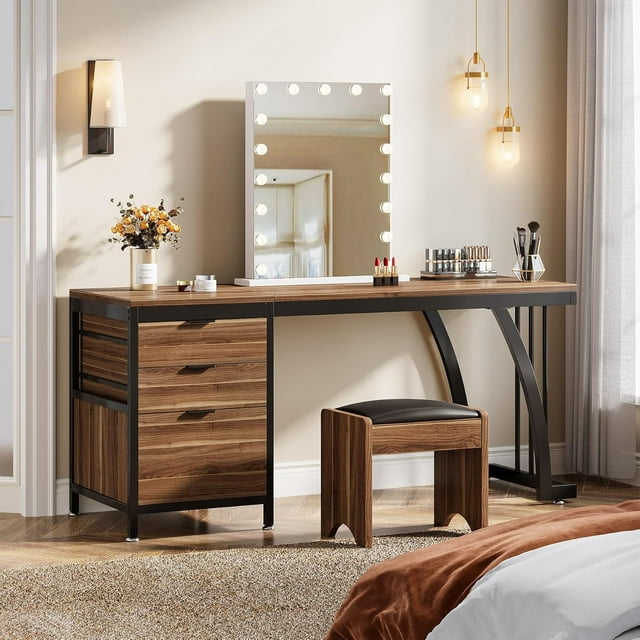 Tribesigns Coiffeuse de 59 Pouces en Noyer avec 3 Tiroirs, Table de Maquillage Réversible avec Rangement pour Femmes et Filles, Bureau Seulement