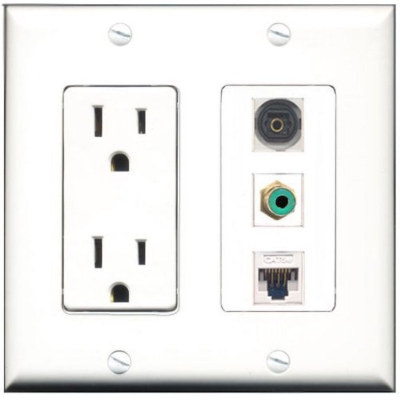 RiteAV - 15 Amp Power Outlet 1 Port RCA Green 1 Port Toslink 1 Port Cat5e Ethernet White Decorative Wall Plate