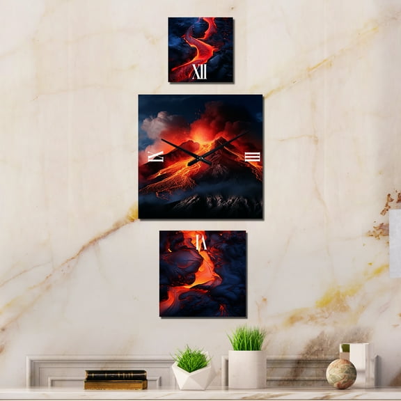 Designart "Symphony of Volcanic Forces" Mountains Oversized Wall Clock - Set Of 3 - Extra large Traditional Clock For Office Décor - Large Vertical Clock
