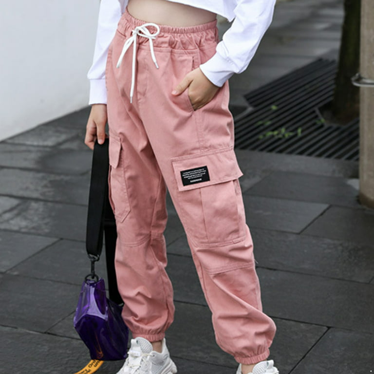 inhzoy Kids Girls Cargo Jogger Pants 4 Pockets Cotton Fashion Bottoms with  Drawstring Pink 12