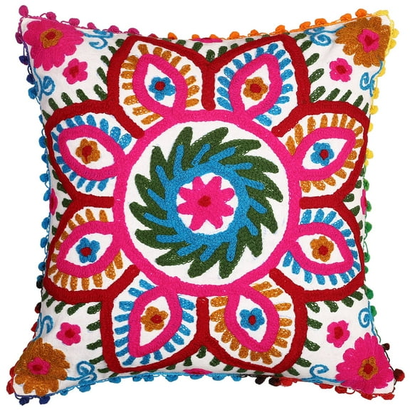 Stylo Culture Indian Chair Seat Throw Pillow Cover 17 x 17 Embroidered Suzani White Red Elegant 43x43 cm Pom Pom Lace Cotton Floral Square Cushion Cover | 1 Pc