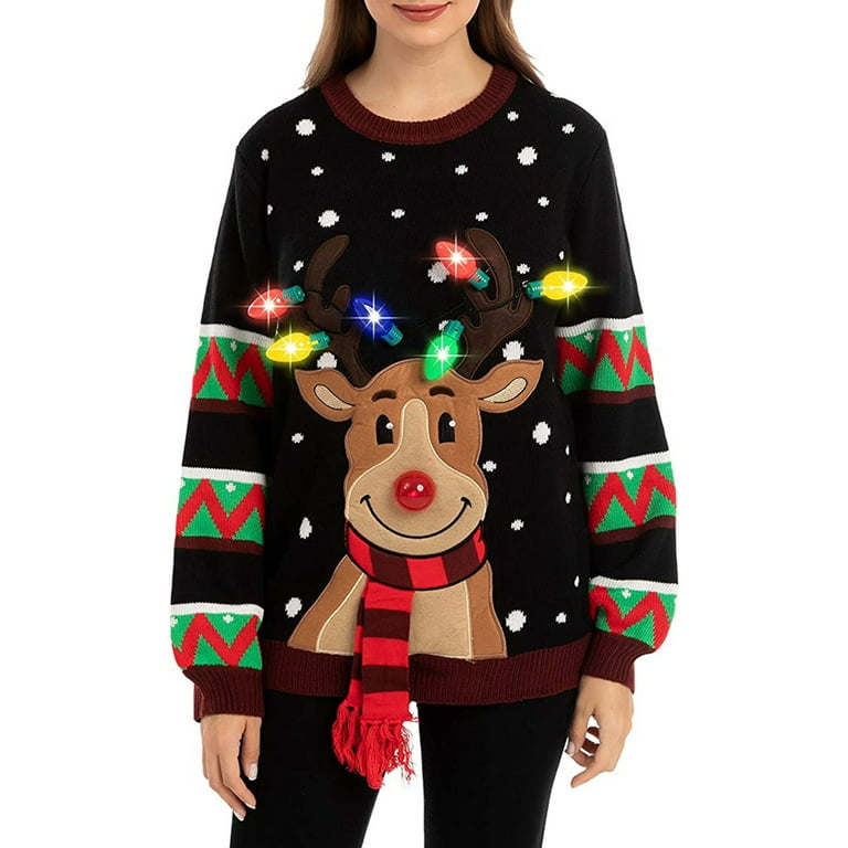 3D Ugly Christmas Sweaters for Women Funny LED Light Up Reindeer Print Long Sleeve Knitted Xmas Sweater for Holiday Parties