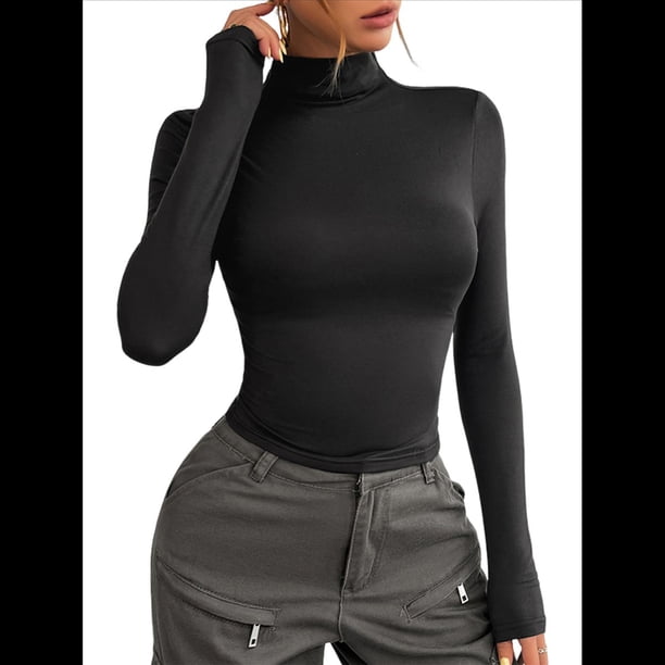 Camisetas Básicas para Mujer, Tops Cortos Ajustados para Salir, Lindas Camisetas de Cuello Alto para Adolescentes, Ropa de Larga Y2K Negro M