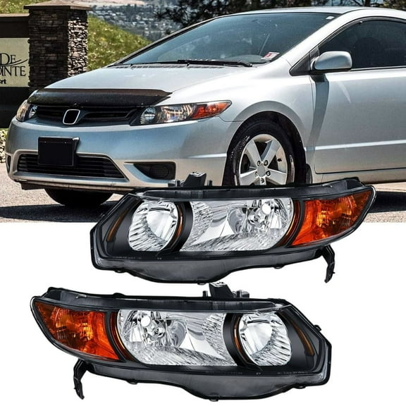 Nilight Headlight Assembly Compatible with 2006 2007 2008 2009 2010 2011 Honda Civic 2-Door Coupe Headlamps Replacement Black Housing Amber Reflector Driver and Passenger Side