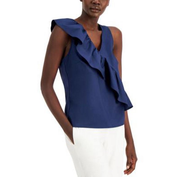 MSRP $60 Inc International Concepts Poplin Ruffle Top Navy Size Small