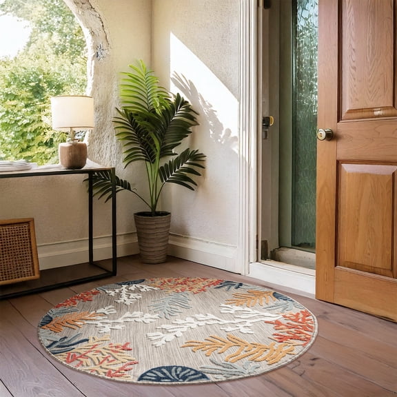 Laddha Home Designs 7.5' Coastal Coral indoor Outdoor Round Area Throw Rug - Beige and Orange