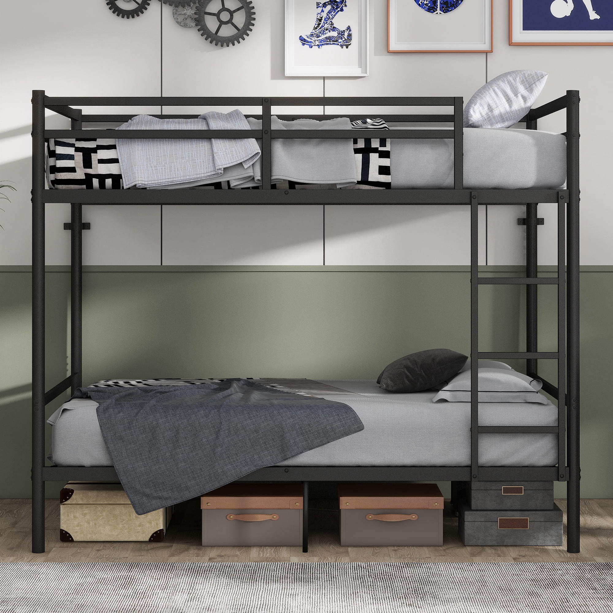 Metal bunk bed, suitable for children/teenagers/adults, with 14.29-inch high safety rails, 19 crossbars on each bunk, single-bunker support of 400 lbs or more, and storage space under the bed. Black