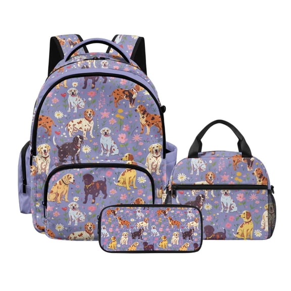 Tutolipy Golden Retriever School Backpack Set with Lunch Bag Pencil Case 3 Pcs Floral Printed Backpack and Lunch Box Set for Boys Girls Lightweight Schoolbag Bookbag Set, Purple