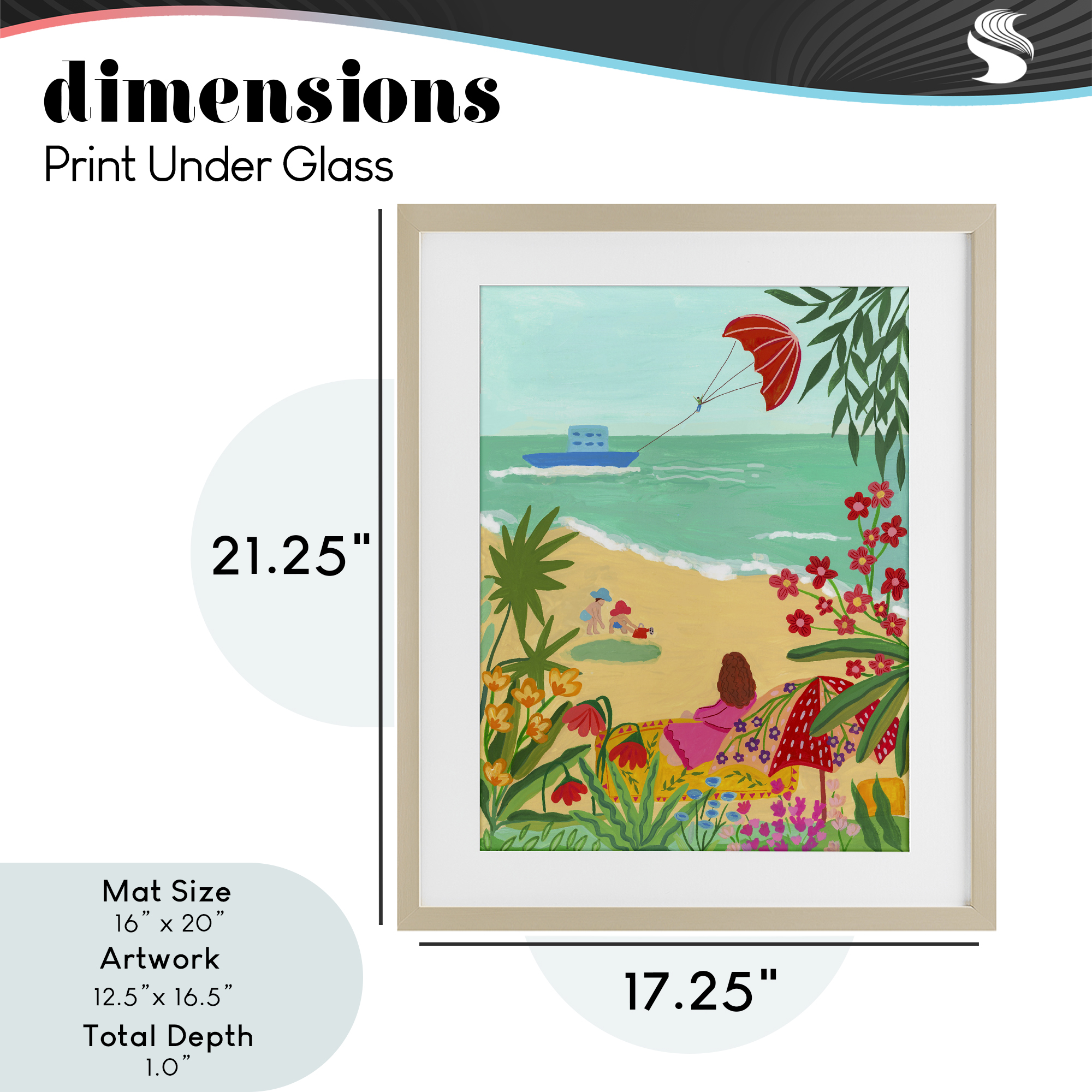 Beach And Flowers View Birch Framed Print Under Glass, design by Nabeela Rumi