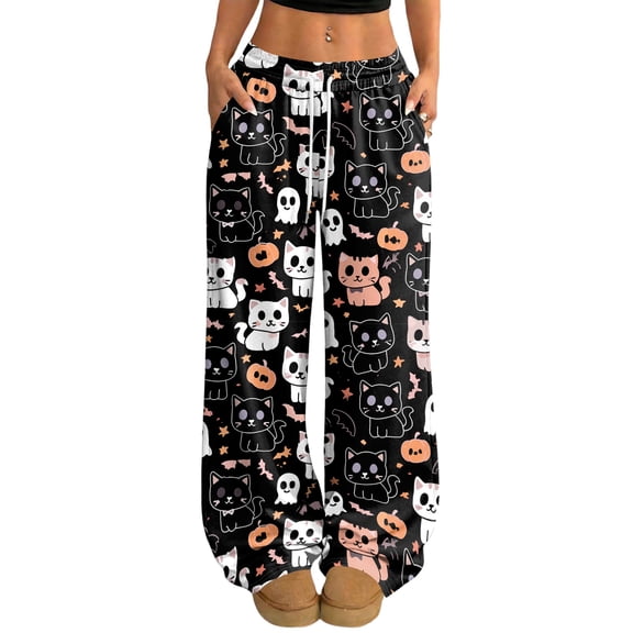 Hearthz Flannel Pajamas Ghost Pumpkin Bat Print Women Pajamas Fleece Pajama Pants Drawstring Elastic Waist Wide Leg Pajama Pants for Women