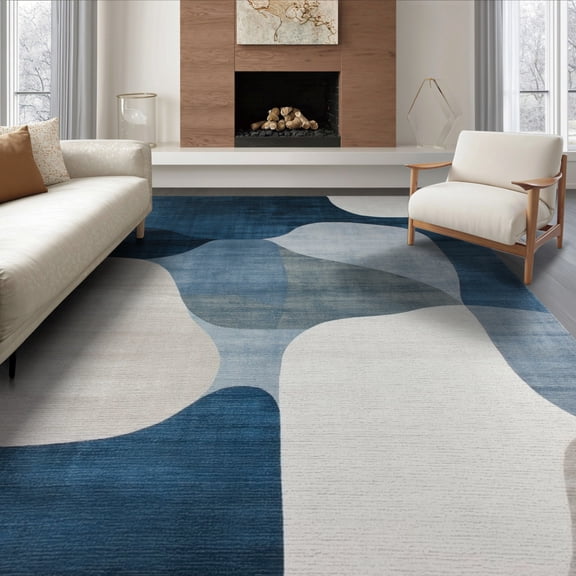 ODIKA 8'x10' Washable Area Rug Farmhouse Abstract Watercolor Blocks Contemporary Navy Painterly for Living Room, Under Sectional, Family , Durable, Non-Slip