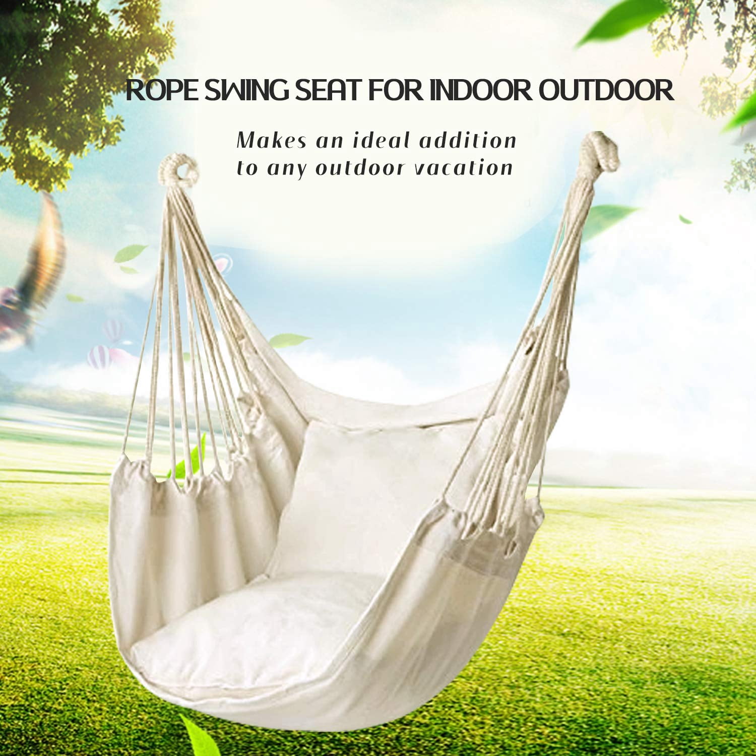 DONAMA Hammock Chair Hanging Rope Swing 330lbs Capacity 51"x39" Canvas for Indoor Outdoor Use Beige