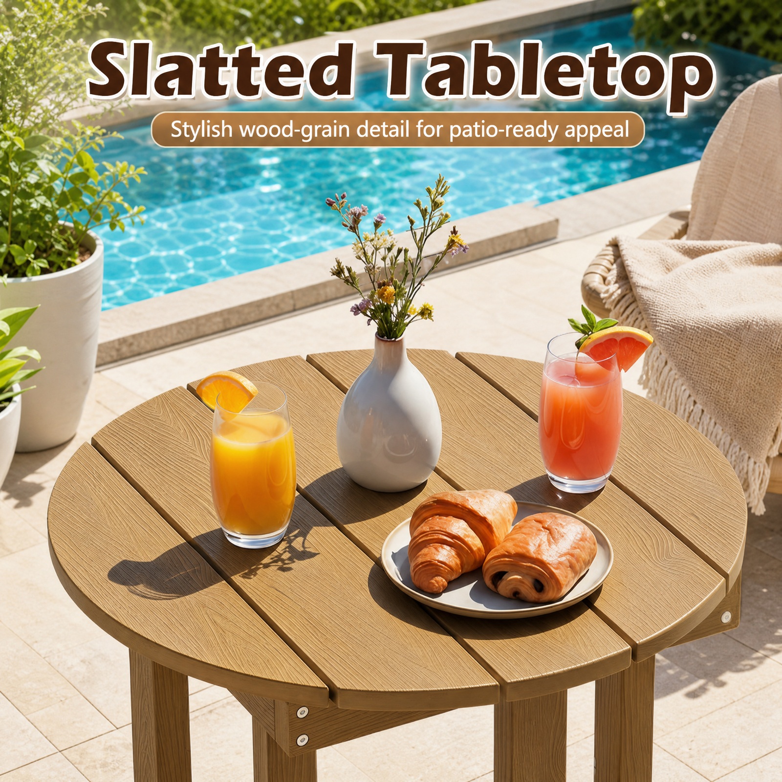 Biotree 18 Inch Adirondack Side Table, All-Weather HIPS Outdoor End Table with Slatted Wood-Grain Top and Stable Base for Garden Porch Deck, Coffee