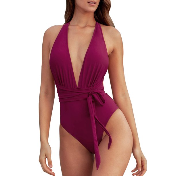 Women's Solid Red Deep V-neck One Piece Swimsuit Belt Monokini | Seaselfie by Cupshe