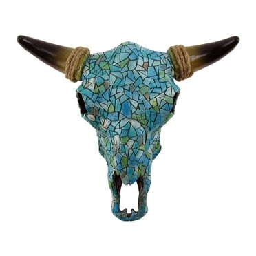 Southwestern Turquoise Mosaic Steer/Bull/Cow Skull&Horns Head Western Wall Decor