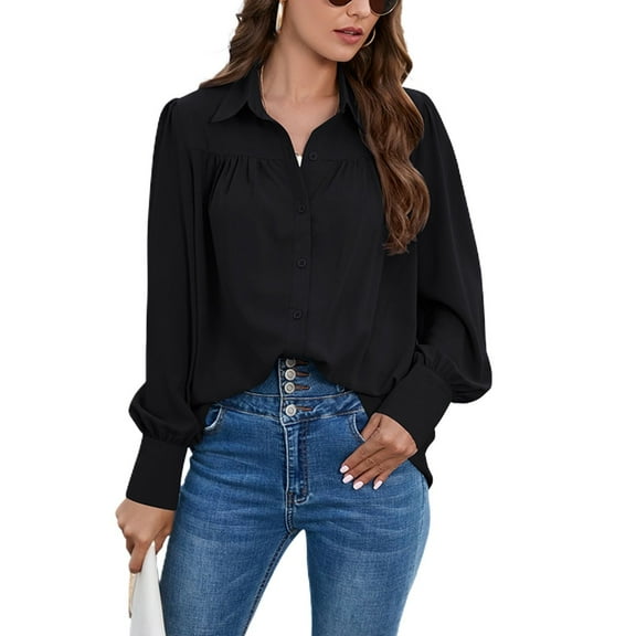 SWSMCLT Women's Long Sleeve Blouse Lantern Sleeve Ruched Casual Button Thin Button Up Shirt Mandarin Collar Top Black Large
