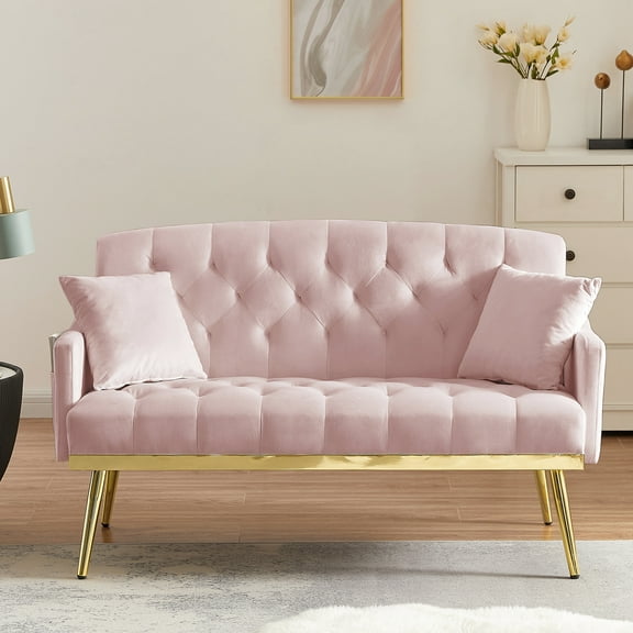 Pink With Back And Seat, Soft Fabric, 2 Seater, Metal Legs In Gold, For Cozy Living Comfortable Relaxing Experience