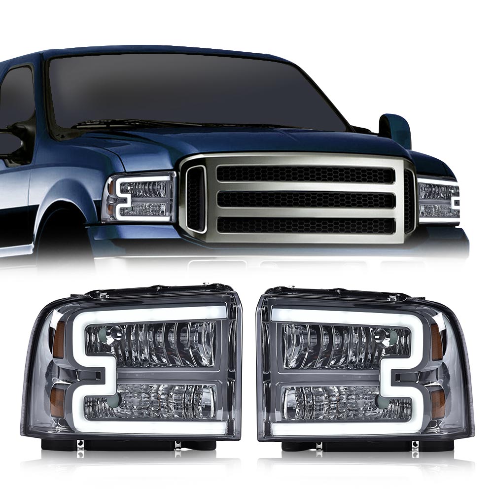 PIT66 LED Headlights, Fit for 2005-2007 Ford F250 F350 F450 F550 Super Duty/  2005 Ford Excursion,(Not Fit Sealed Beam Headlight model) Smoky Lens Chrome  Housing Amber Reflector