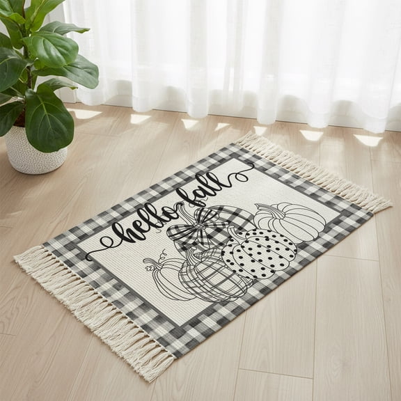 Watercolor Stripe Dots Pumpkin Boho Hallway Runner Rug 2x3ft, Kitchen Runner Rug Tassel Rugs, Fall Black White Plaid Area Rugs Floor Carpet for Living Room Bedroom Entryway