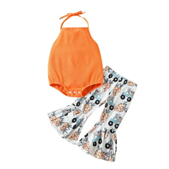 Pejock Newborn Toddler Infant Baby Girls Clothes Romper Pants Set Easter Fashion Cute Halter Vest Sweet Rabbit Print Ruffles Flared Pants Suit, 12-18Months