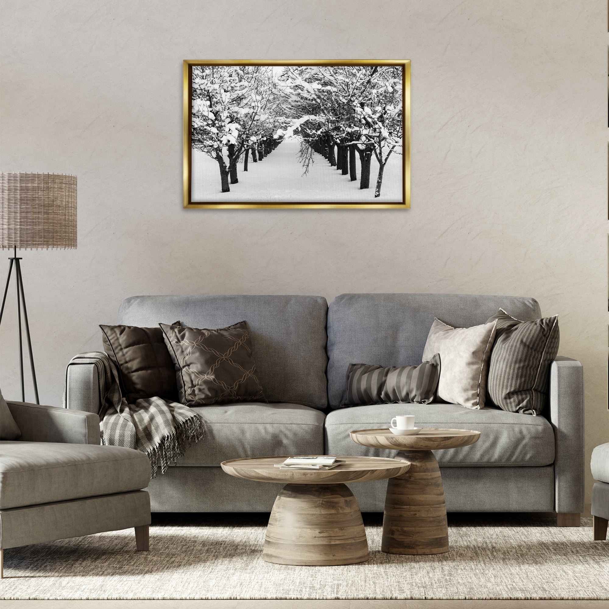 Stupell Industries Winter Tree Pathway Landscape & Nature Photography Gold Floater Framed Canvas Art Print Wall Art, 31 x 21