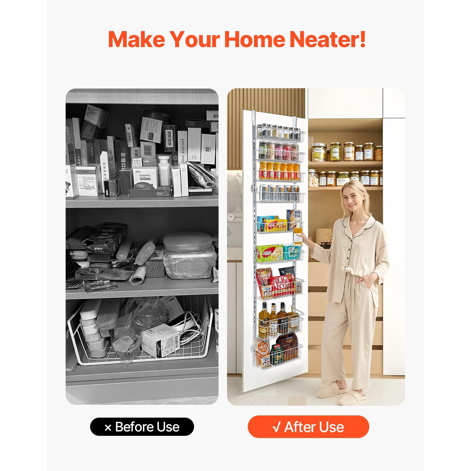 9-Tier Over The Door Pantry Organizer, Heavy-Duty Steel, Adjustable Baskets, 29.8 lbs Capacity, White, for Kitchen Laundry Bathroom