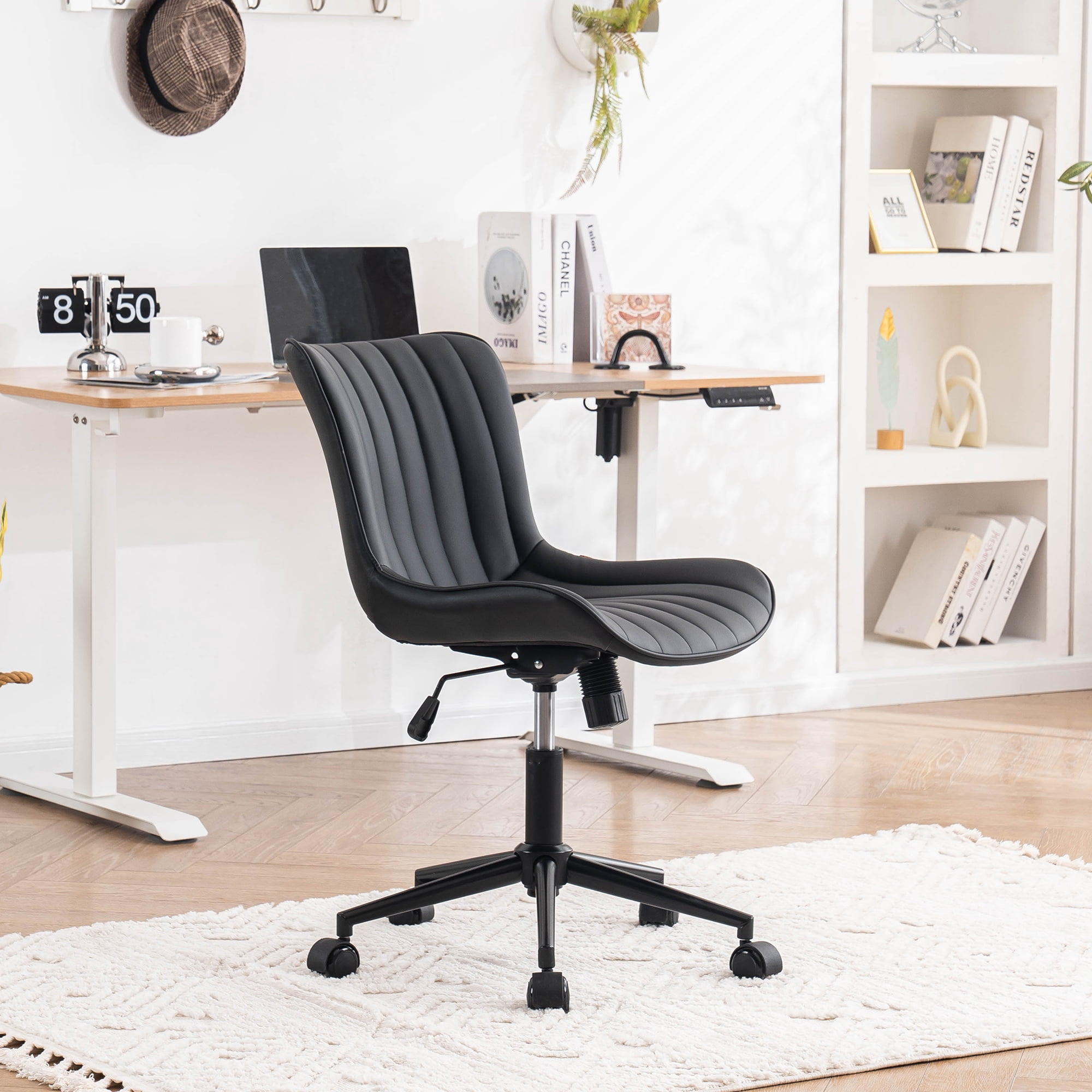 YOUNIKE Cute Armless Office Desk Chair Modern Upholstered Faux Leather Swivel Task Chair, Black