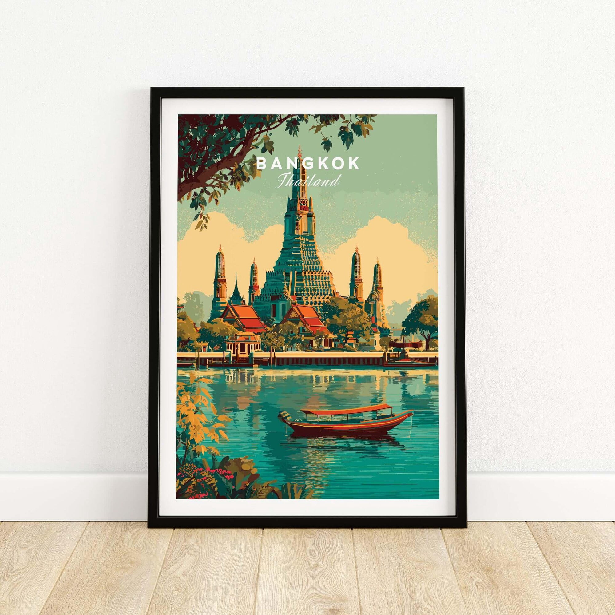 Bangkok Poster Thailand Wall Art Wat Arun River Scene Print Grand Temple Decor Thai Travel