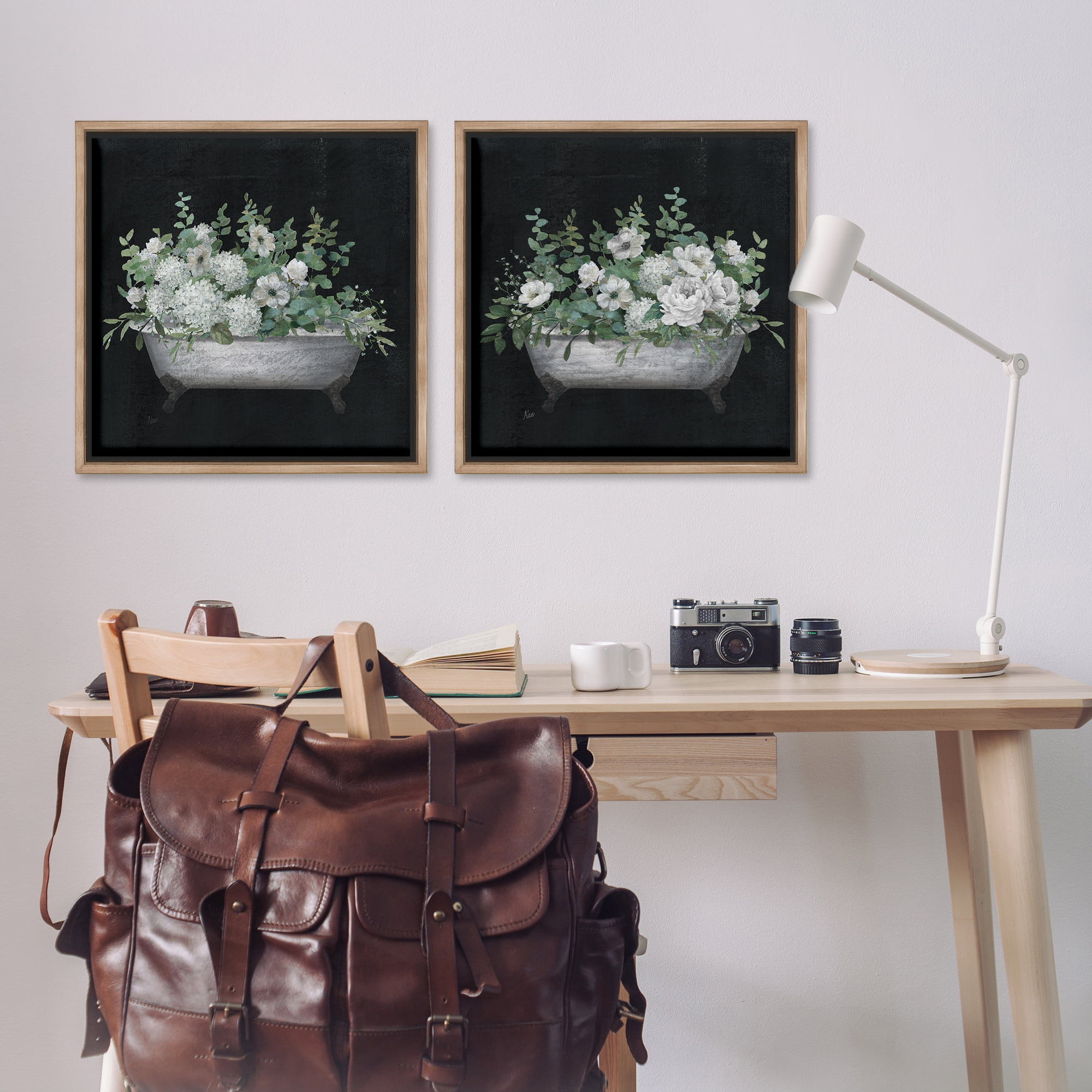 Stupell Industries Filled White Floral Soaking Tub Bath & Laundry Painting Brown Floater Framed Canvas Art Print Wall Art, 25 x 25, Set of 2