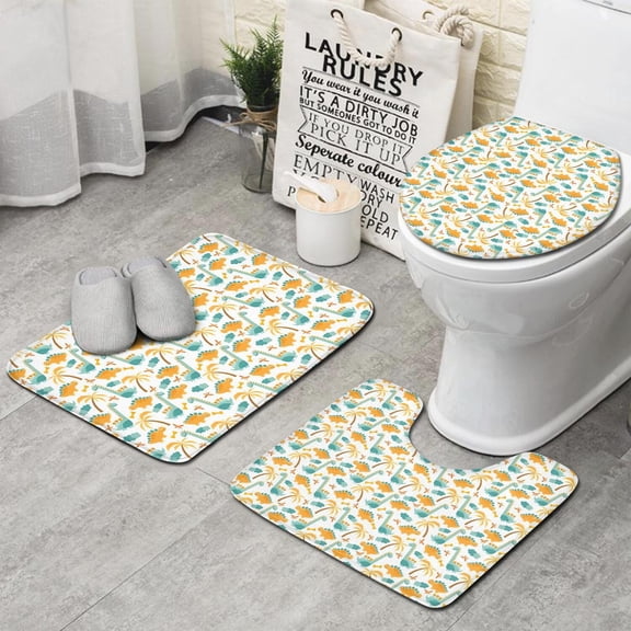 White Cartoon Dinosaurs Palm Trees Pattern Bathroom Rugs Sets 3 Piece,Toilet Cover Set,Absorbent Non Slip Bathroom Mats Sets with U-Shaped Contour Rug Toilet Rug Set