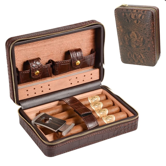 Estuche de cuero para humidificador de cigarros de viaje, madera de cedro portátil con humidificador para 4 cigarros
