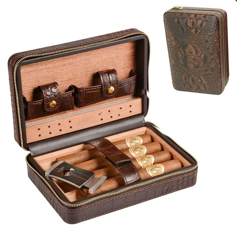 GALINER Portable Leather Travel Cigar Case Cedar Wood Linied Humidor With  Torch Jet Flame Cigar Lighters Cutter Humidifier Set