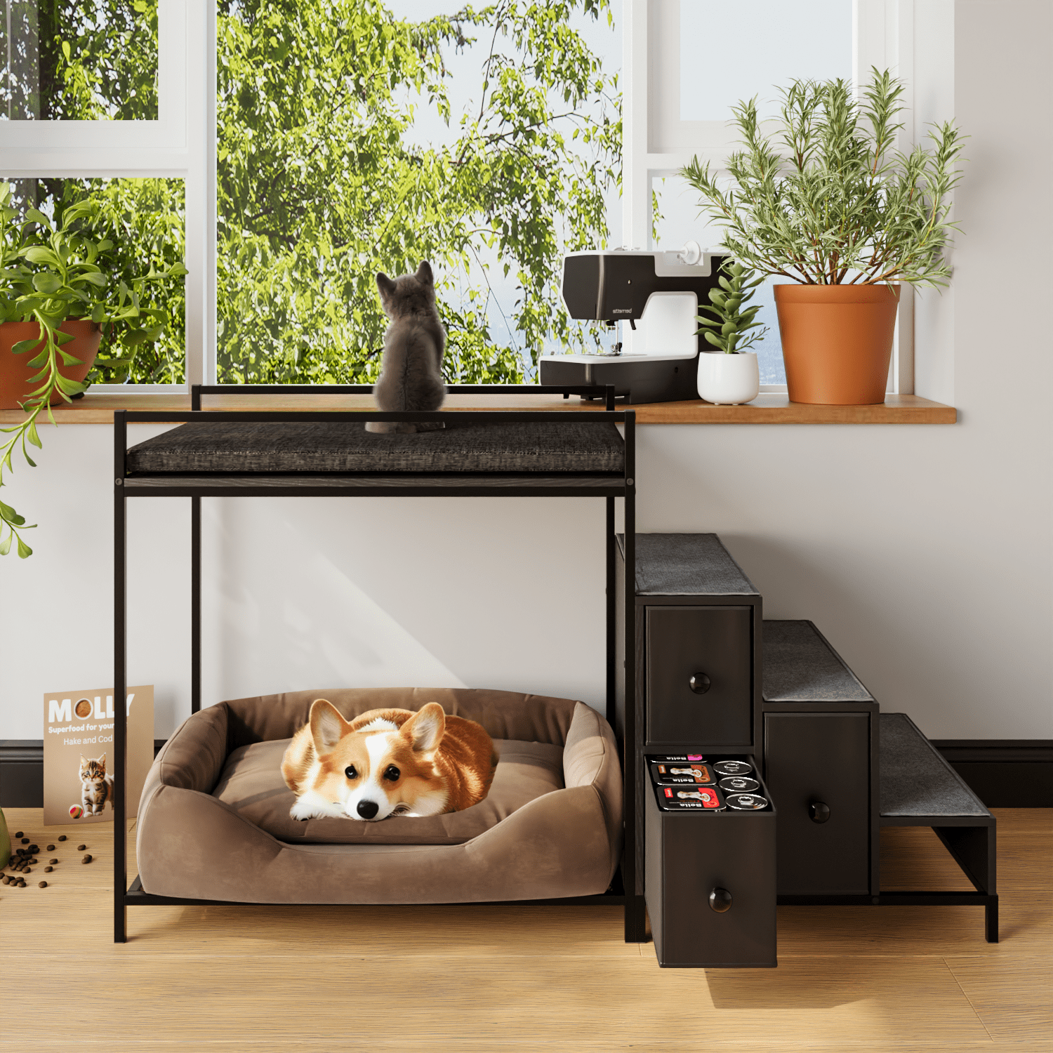BOSSIN Pet Window Perch with Stairs,  3 Drawers Large Pet Bunk Bed for Dogs and Cats