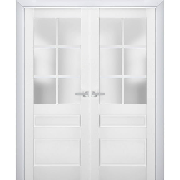 Interior Solid French Double Doors Frosted Glass | Veregio 7339 White Silk | Wood Solid Panel Frame Trims | Closet Bedroom Sturdy Doors -36" x 84" (2* 18x84)