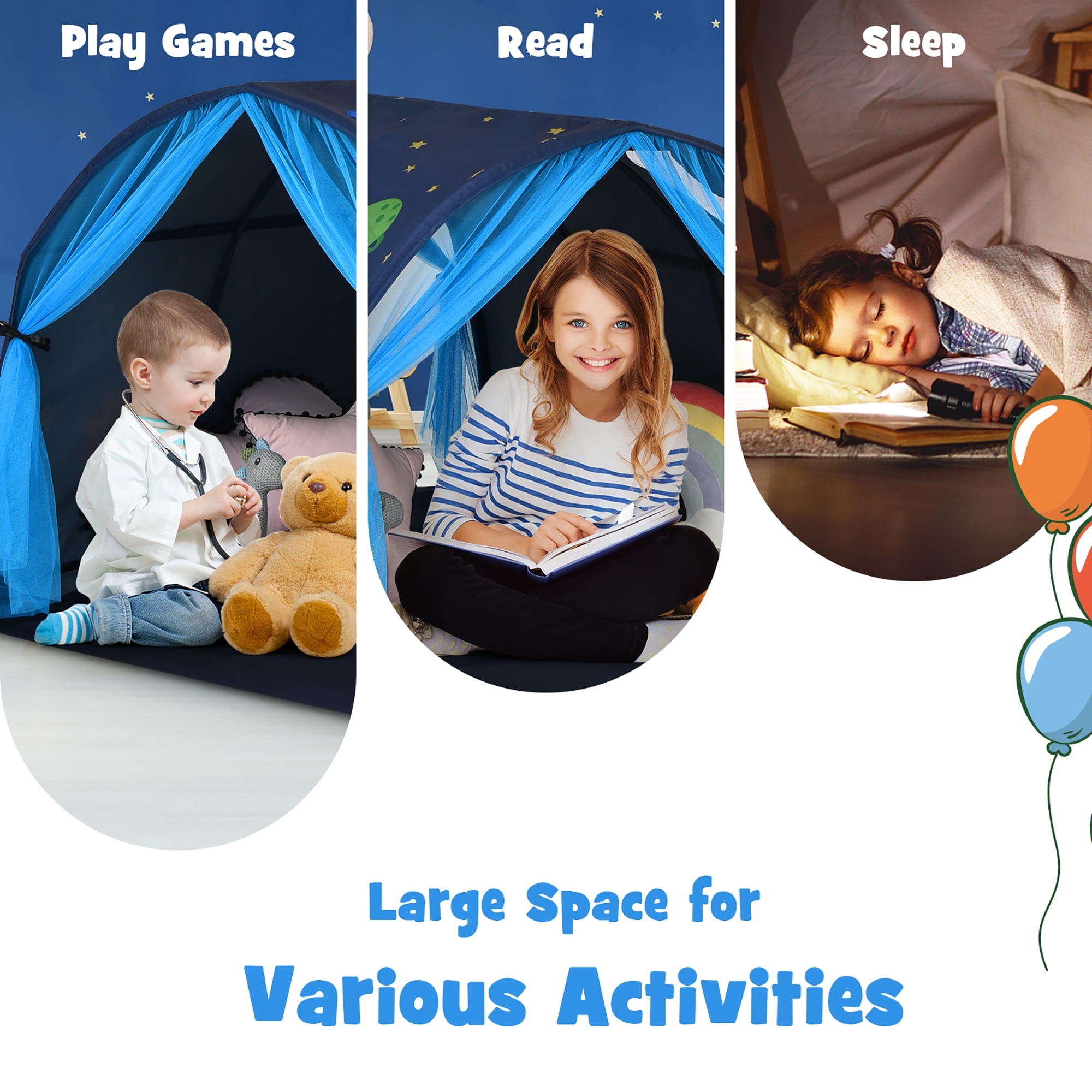 Costway Kids Bed Tent Play Tent Portable Playhouse Twin Sleeping w/Carry Bag Blue