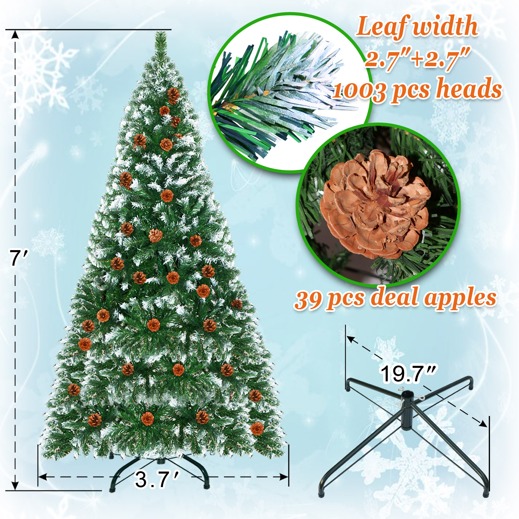 Strong Camel Frosted Sweet Pine Artificial Christmas Tree Decorated with Pine Cones New Xmas Holiday Decoration (7' with 1003 Tips and 39 pinecones)