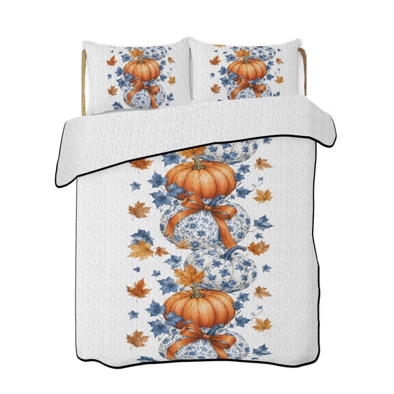 Quilt King Size Bedding Set, Fall Orange Blue Pumpkins Reversible Summer Quilt 3 Pieces, Thanksgiving Autumn Maple Leaves Lightweight Bedspreads Coverlets with 2 Pillow Shams for All Seasons