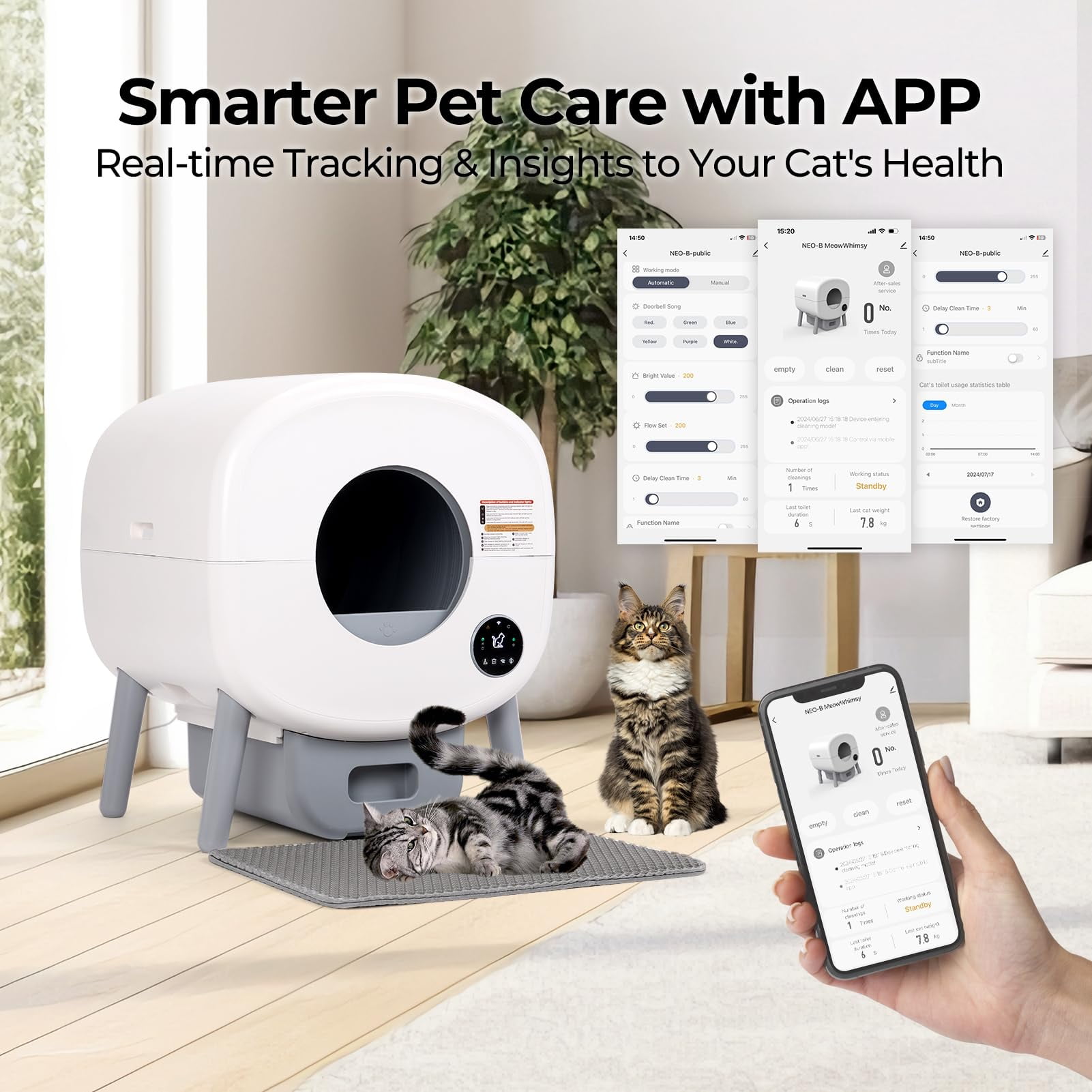 Self-Cleaning Cat Litter Box - Extra Large Automatic Litter Tray for Multiple Cats, Odor Control, WiFi App & Touch Panel Control, Quiet Operation with Night Light, Easy Waste Disposal
