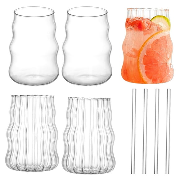 Glass Cup Clear Drinking Glassware Includes Vertical Stripe and Glossy Style 17oz Iced Coffee Glasses with/without Straws Creative Drinking Glasses Vintage Bar Glasses for Juice