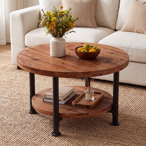 TRIBEWOOD 31.5" Solid Wood Round Coffee Table with Open Shelf, Living Room