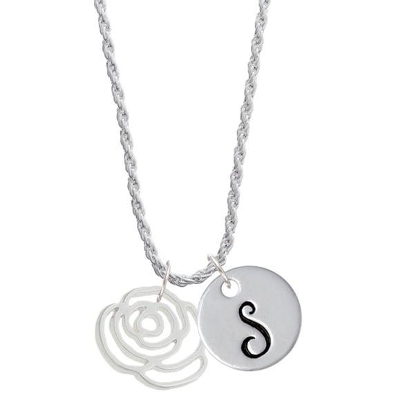 Delight Jewelry Silvertone Large Rose Outline Silvertone Script Initial Disc - S - Charm Necklace, 20"+3"
