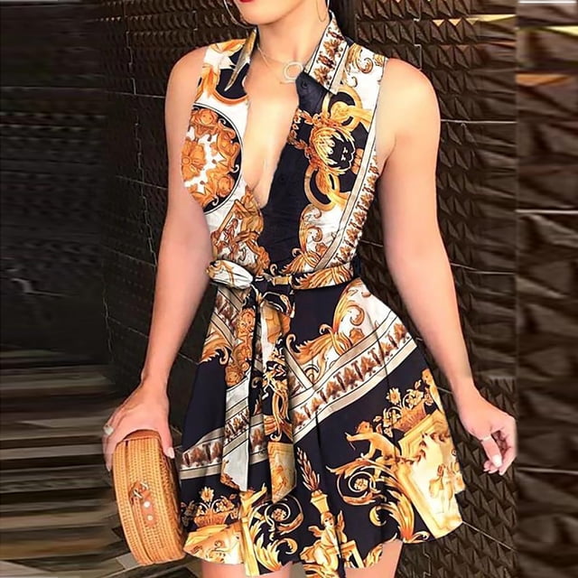 SMihono Robe Bohème d'Été pour Femmes Grande Taille Mode Femmes Col à Revers Décontractée Aguichant Imprimée Sans Manches Ample Robe Chemise