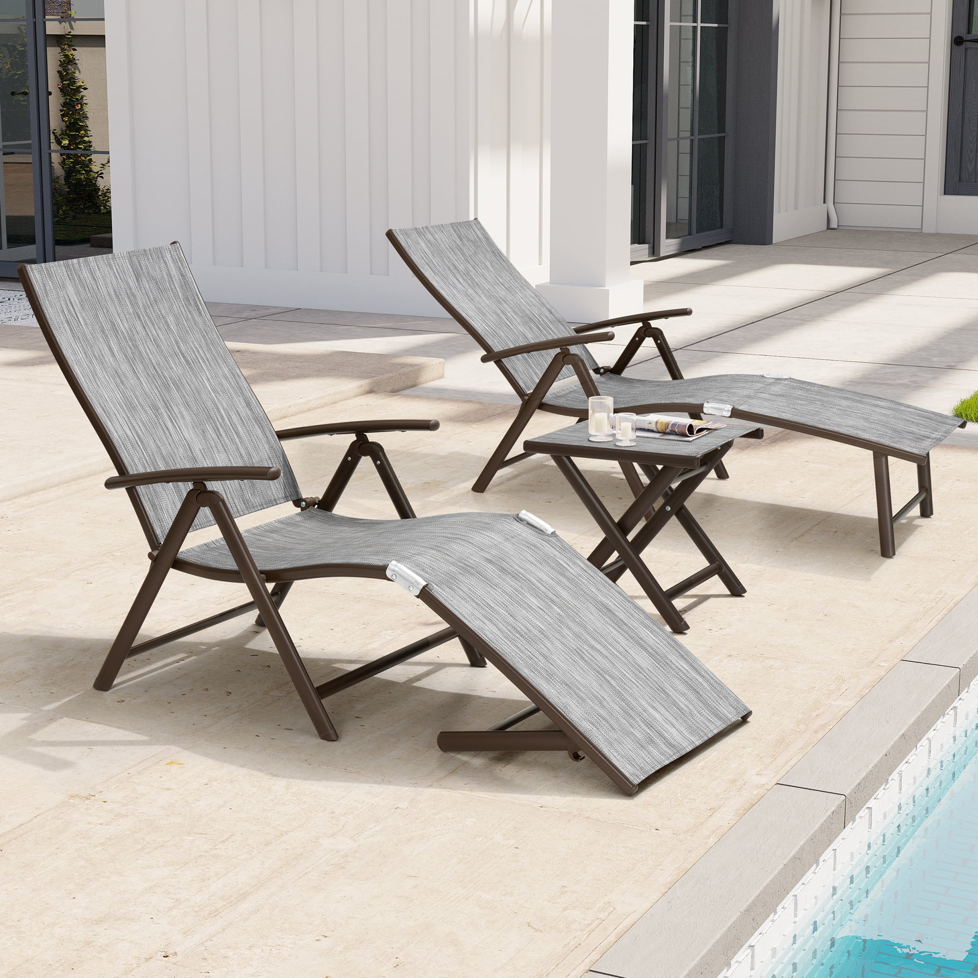Crestlive Products Gray Outdoor Folding Patio Chaise Lounge Chair, Aluminum Recliners and Table Set