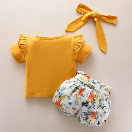 

RPVATI Toddler Baby Child Children Kids Clothes Short Sleeve Ruffle Bow T Shirts Headwear Floral Shorts Set 3 Pieces Summer Outfits Set