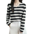 thumbnail image 4 of Dolkfu Womens Winter Sweaters Striped V Neck Slouchy Black Knit Shirt Lightweight Long Sleeve Sweater Women's Tops L, 4 of 4