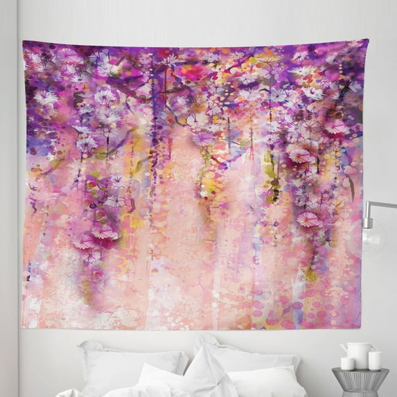 Tree Tapestry, Watercolor Painting Effect Wisteria Tree Blossoms Soft Scenic Spring Display, Fabric Wall Hanging Decor for Bedroom Living Room Dorm, 5 Sizes, Violet Purple Pink, by Ambesonne