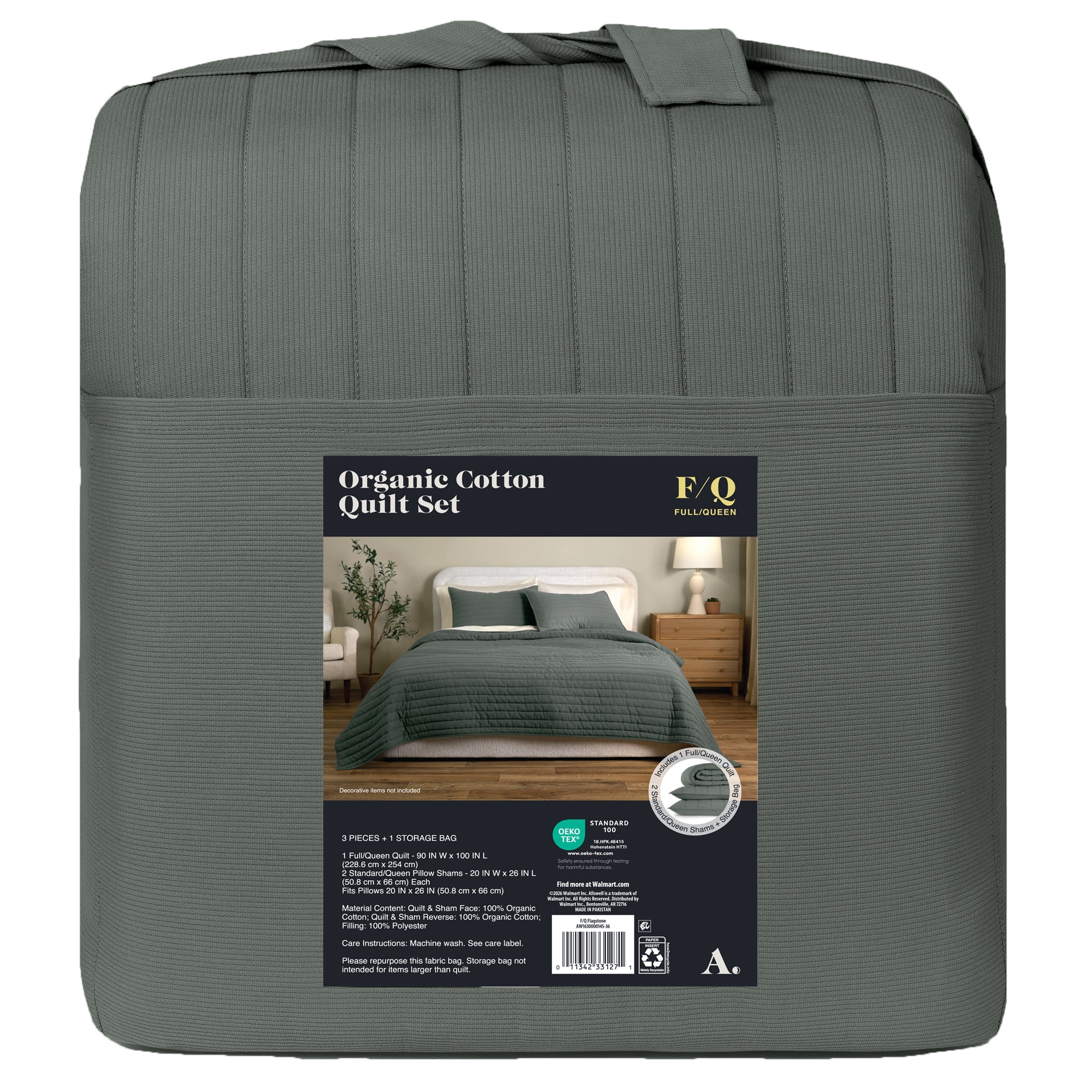Allswell Organic Cotton 3-Piece Quilt Set, Flagstone Green, Full/Queen